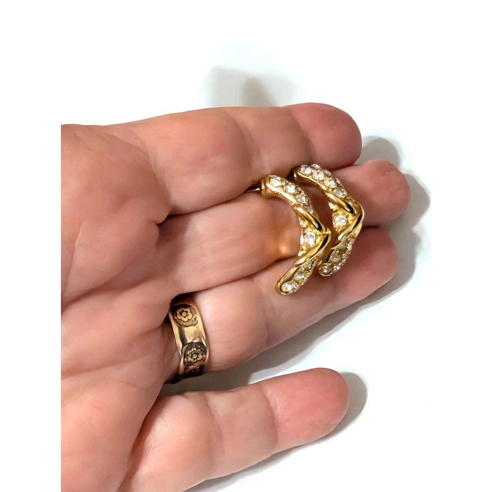 Rhinestone Pierced Earrings Gold-tone Crescents 1